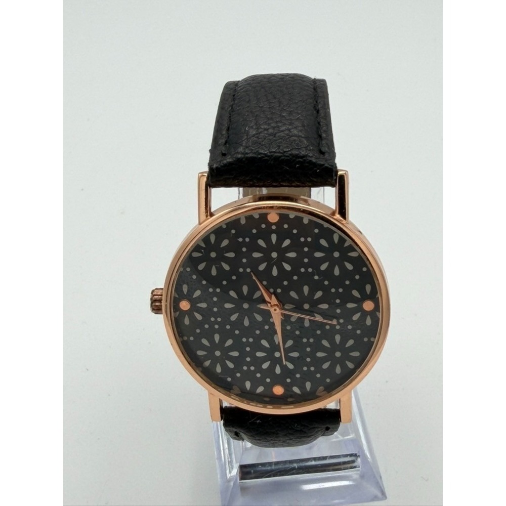 Gold Tone Floral Dial Quartz Watch Black Strap Minimalist Fashion Watch Runs